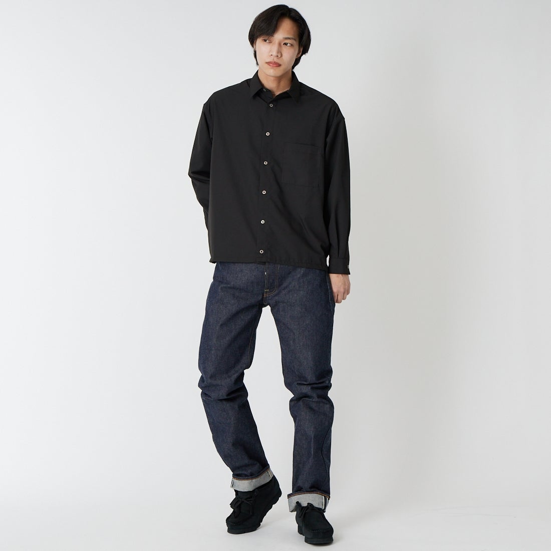 SLICK [スリック] コットンライクブロード ドローストリングシャツ [5121072] 700 BLACK &&モデル身長：179cm 着用サイズ：1&&