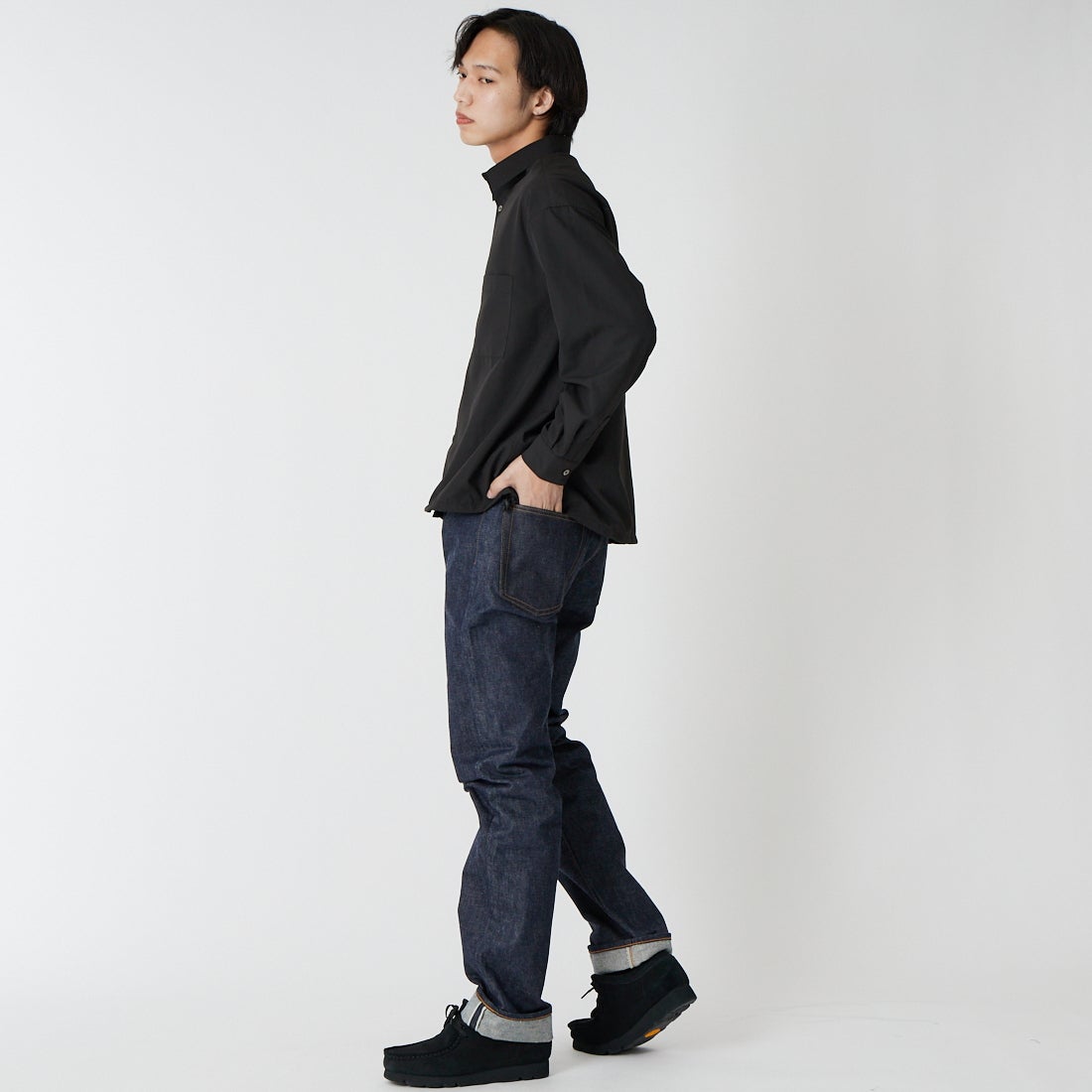 SLICK [スリック] コットンライクブロード ドローストリングシャツ [5121072] 700 BLACK &&モデル身長：179cm 着用サイズ：1&&