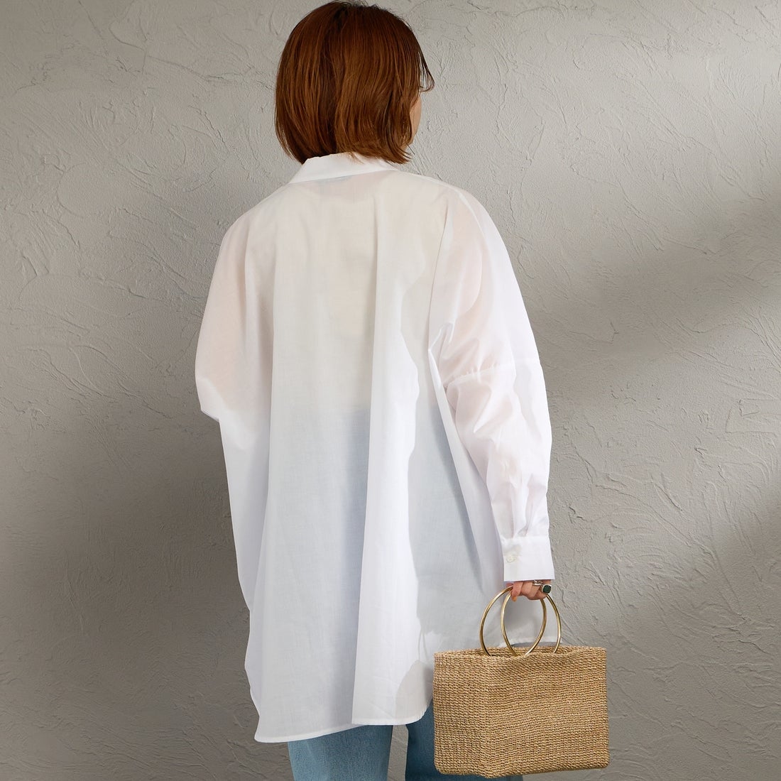 mizuiro ind [ミズイロインド] T/Cシアーワイドシャツ [1-230162] 11 OFF WHI &&モデル身長：158cm 着用サイズ：F&&