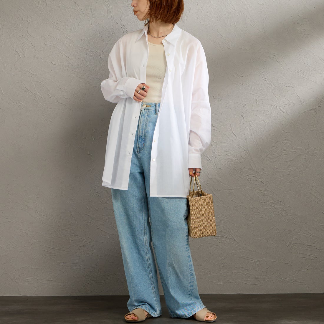 mizuiro ind [ミズイロインド] T/Cシアーワイドシャツ [1-230162] 11 OFF WHI &&モデル身長：158cm 着用サイズ：F&&