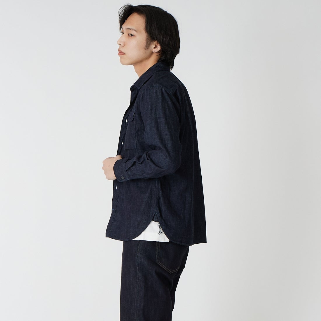 MOMOTARO JEANS [モモタロウ ジーンズ] トリプルステッチ ロングスリーブデニムシャツ [MMLS1000] ID &&モデル身長：179cm 着用サイズ：S&&