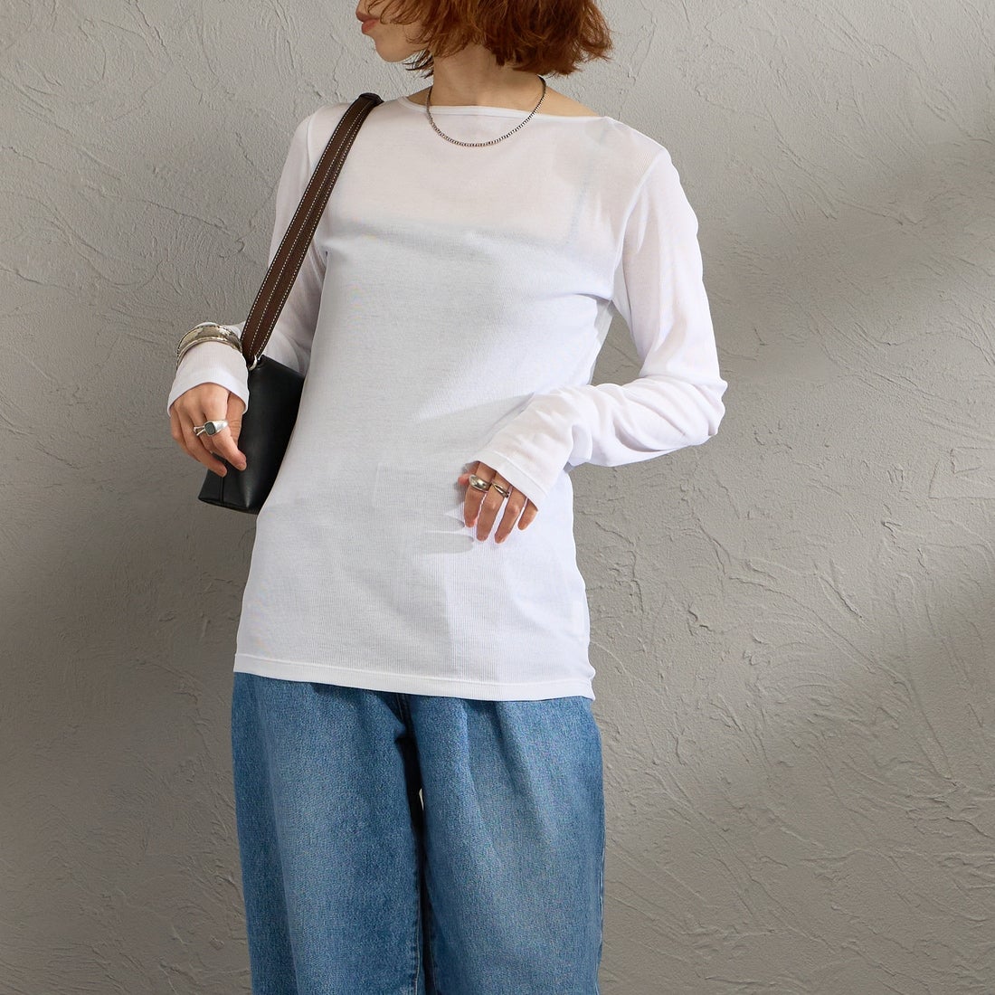THE SHINZONE [ザ シンゾーン] シアーリブロングスリーブTシャツ [26SMSCU07] 01 WHITE &&モデル身長：158cm 着用サイズ：F0&&
