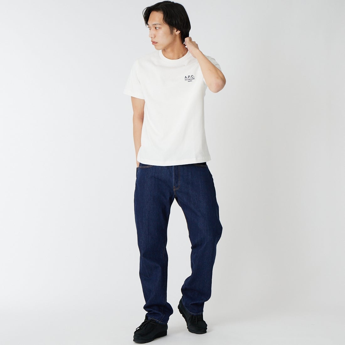CIOTA [シオタ] ストレート5ポケットパンツ(リアルインディゴ) [PTLM-21STB-NIW] NAVY &&モデル身長：179cm 着用サイズ：32&&