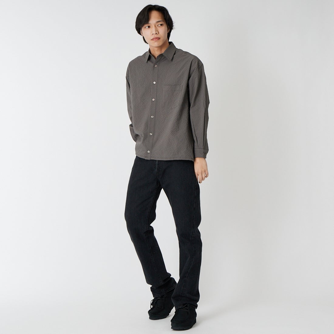 CIOTA [シオタ] ストレート5ポケットパンツ [PTLM-21STB-MBK] BLACK &&モデル身長：179cm 着用サイズ：32&&