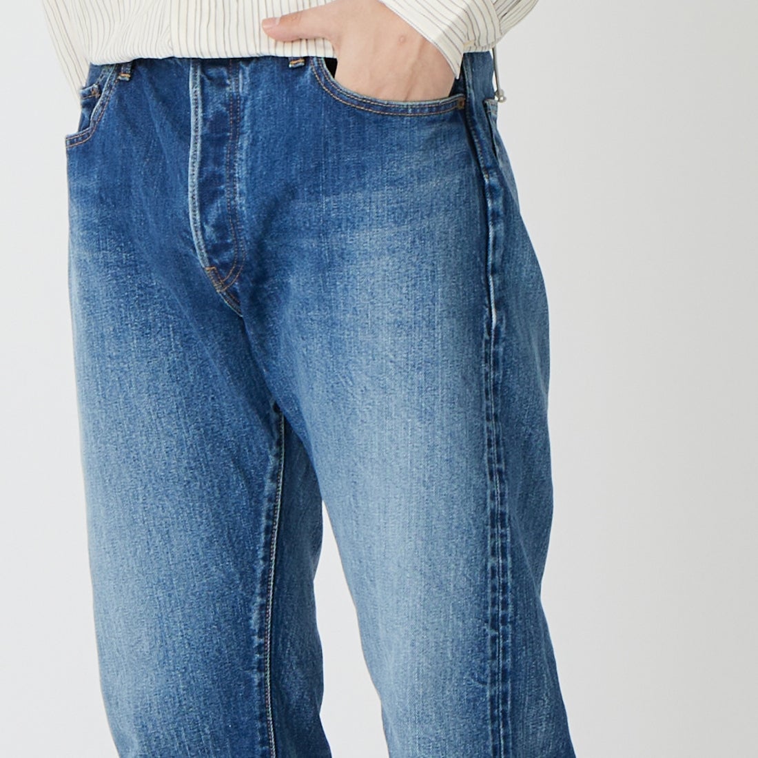 CIOTA [シオタ] STRAIGHT 5POCKETS PANTS REAL INDIGO [PTLM-21STB-NIMDBL-D] MID DK.BLU &&モデル身長：179cm 着用サイズ：34&&