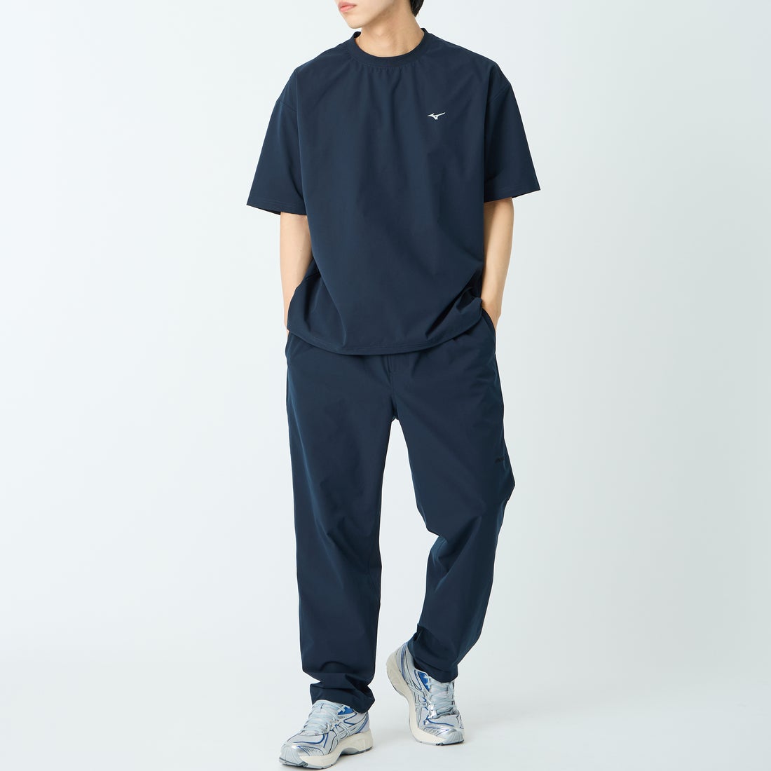 MIZUNO [ミズノ] 別注 4WAYストレッチ バックプリントTシャツ [D2JADW04-JF] NAVY &&モデル身長：179cm 着用サイズ：L&&