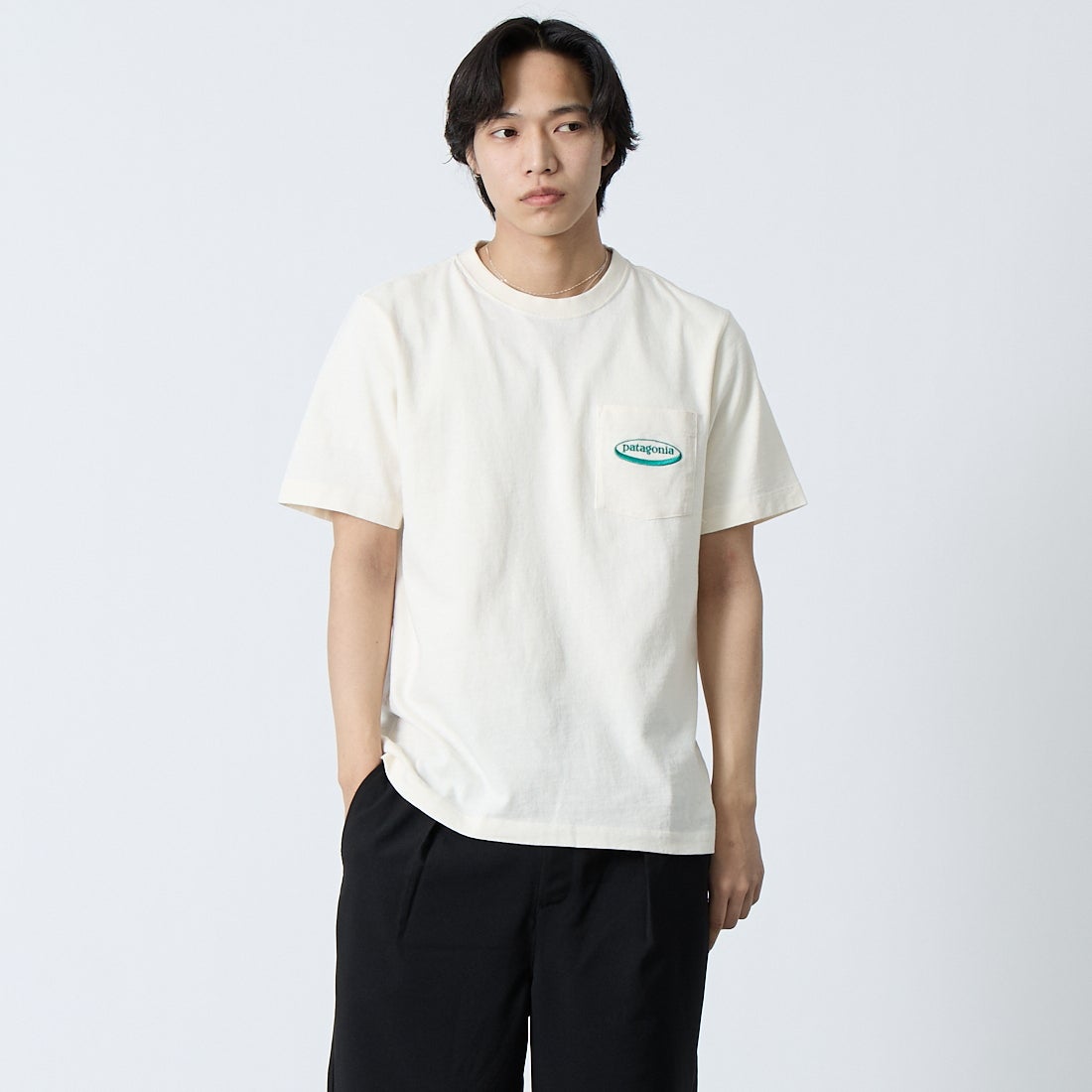 patagonia [パタゴニア] メンズ ミッドウェイト '95 オーバルロゴポケットティー [37880] UDNL &&モデル身長：179cm 着用サイズ：M&&