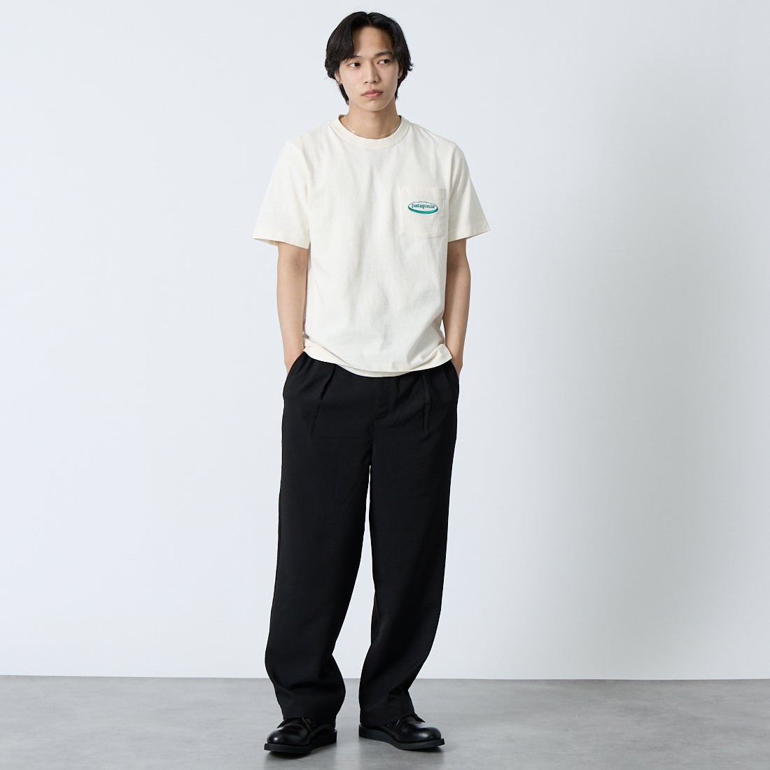 patagonia [パタゴニア] メンズ ミッドウェイト '95 オーバルロゴポケットティー [37880] UDNL &&モデル身長：179cm 着用サイズ：M&&