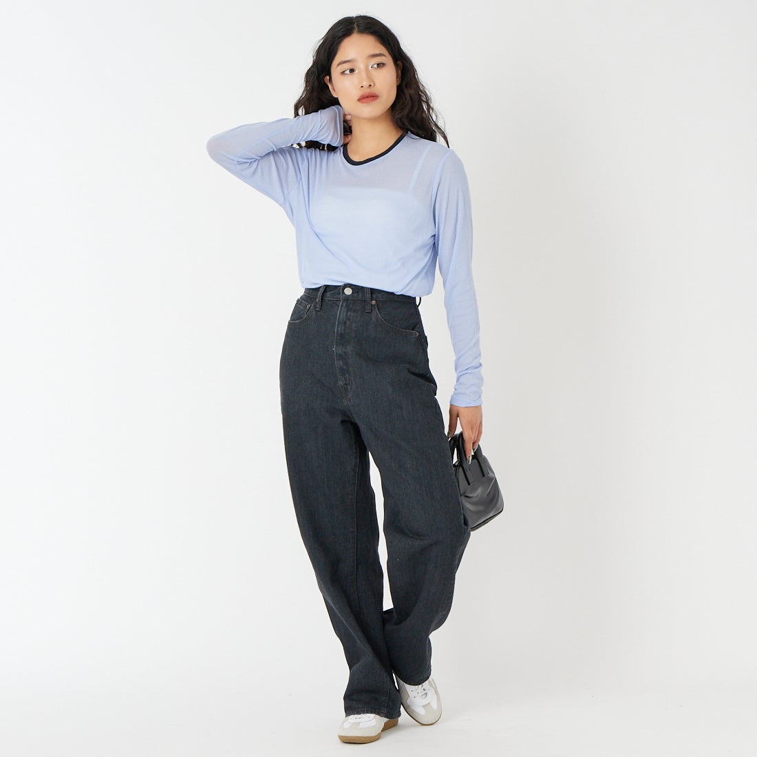 CIOTA [シオタ] ハイライズストレート5ポケットパンツ [PTLM-28HIS-MBK] MID BLACK &&モデル身長：162cm 着用サイズ：26&&