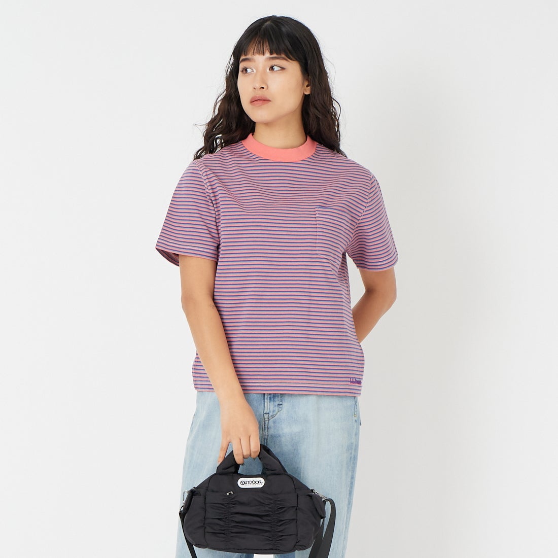 L.L.BEAN [エルエルビーン] ユニオン ショートスリーブ ストライプ Tシャツ [6275-4136] 95 CORAL/D &&モデル身長：162cm 着用サイズ：M&&