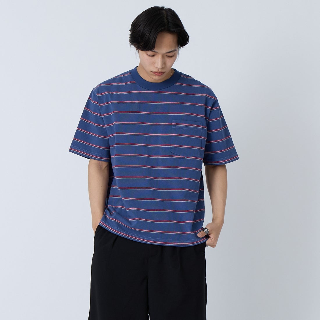 L.L.BEAN [エルエルビーン] ユニオン ショートスリーブ ストライプ Tシャツ [6275-4036] 96 NVY/RED &&モデル身長：179cm 着用サイズ：M&&