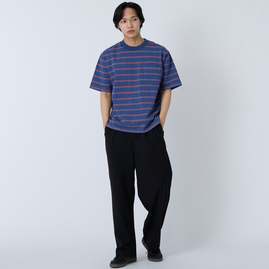 L.L.BEAN [エルエルビーン] ユニオン ショートスリーブ ストライプ Tシャツ [6275-4036] 96 NVY/RED &&モデル身長：179cm 着用サイズ：M&&