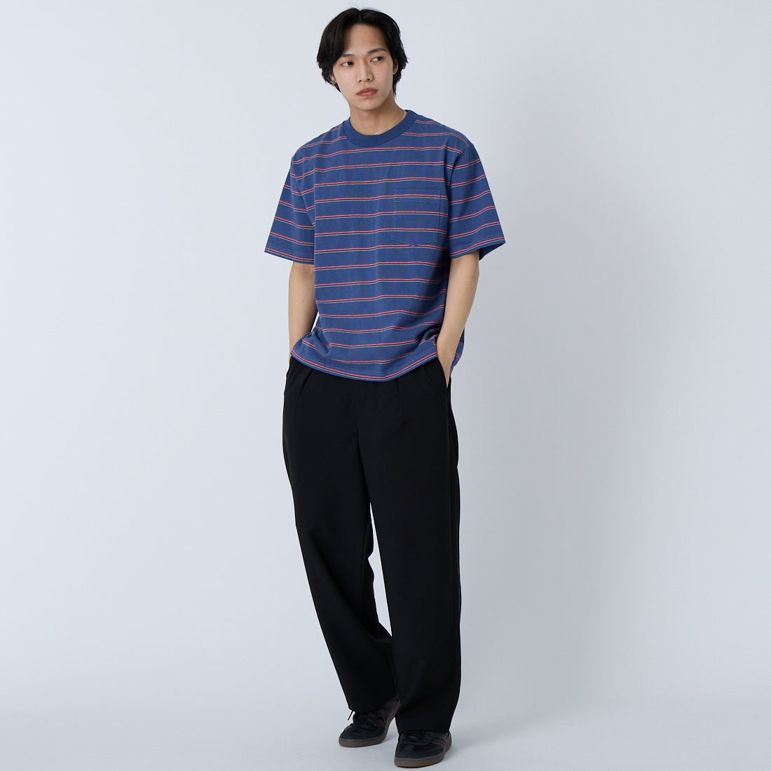 L.L.BEAN [エルエルビーン] ユニオン ショートスリーブ ストライプ Tシャツ [6275-4036] 96 NVY/RED &&モデル身長：179cm 着用サイズ：M&&