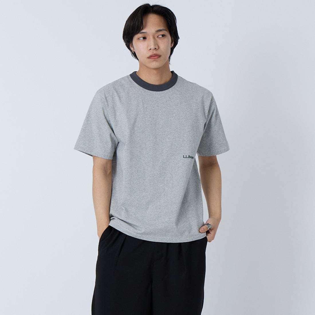 L.L.BEAN [エルエルビーン] モリル ショートスリーブ リンガー Tシャツ [6275-4042] 29 TOPGREY &&モデル身長：179cm 着用サイズ：S&&