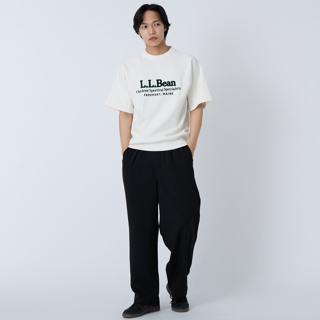 L.L.BEAN [エルエルビーン] ポーテージ ショートスリーブ スウェットシャツ [6275-4034] 28 IVORY &&モデル身長：179cm 着用サイズ：M&&