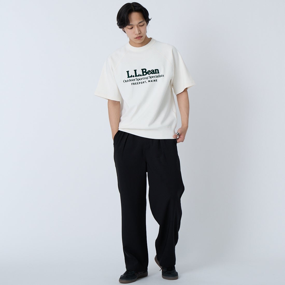 L.L.BEAN [エルエルビーン] ポーテージ ショートスリーブ スウェットシャツ [6275-4034] 28 IVORY &&モデル身長：179cm 着用サイズ：M&&