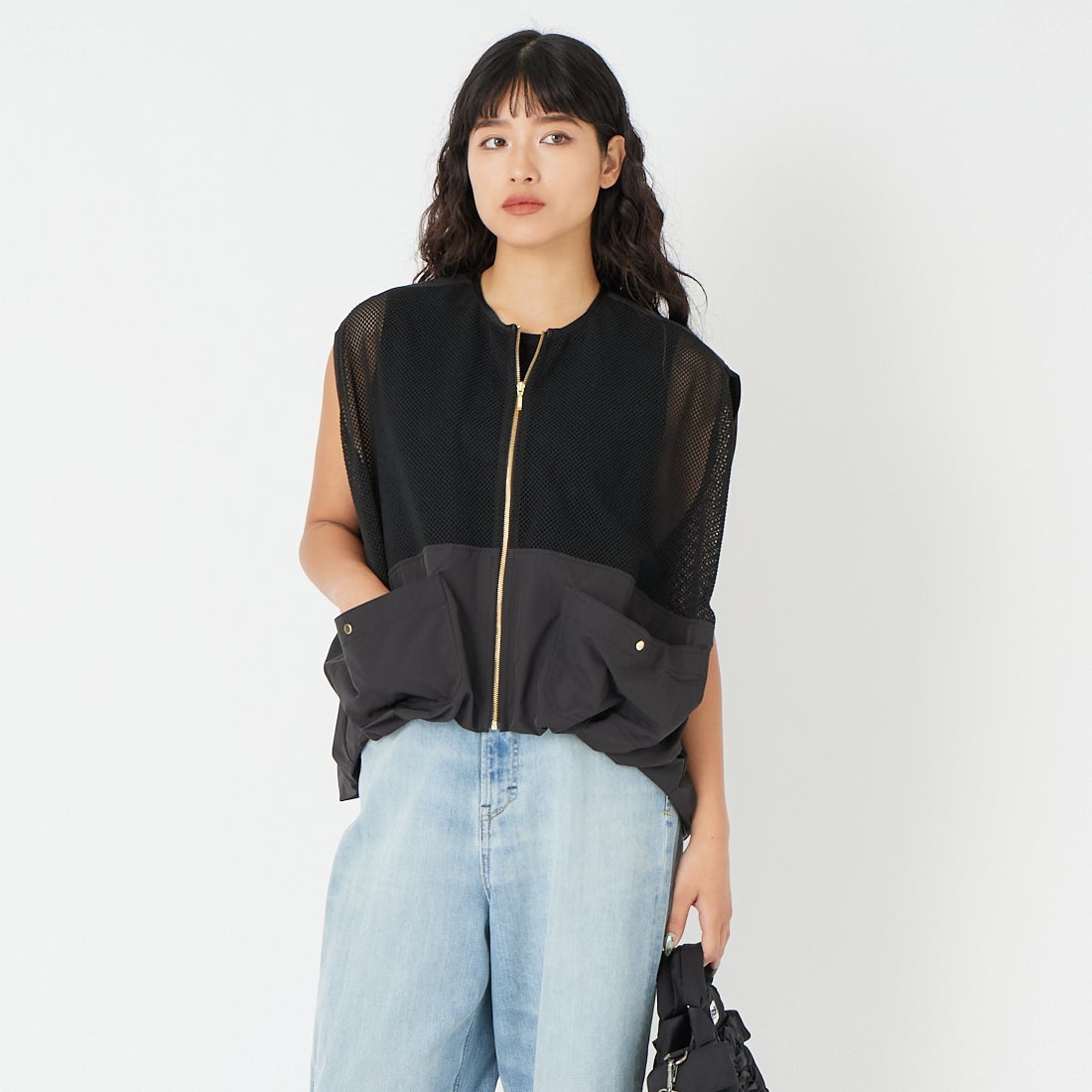 DIGNITE COLLIER [ディニテコリエ] メッシュバルーンジレ [80268707] 004 ﾌﾞﾗｯｸ &&モデル身長：162cm 着用サイズ：F&&