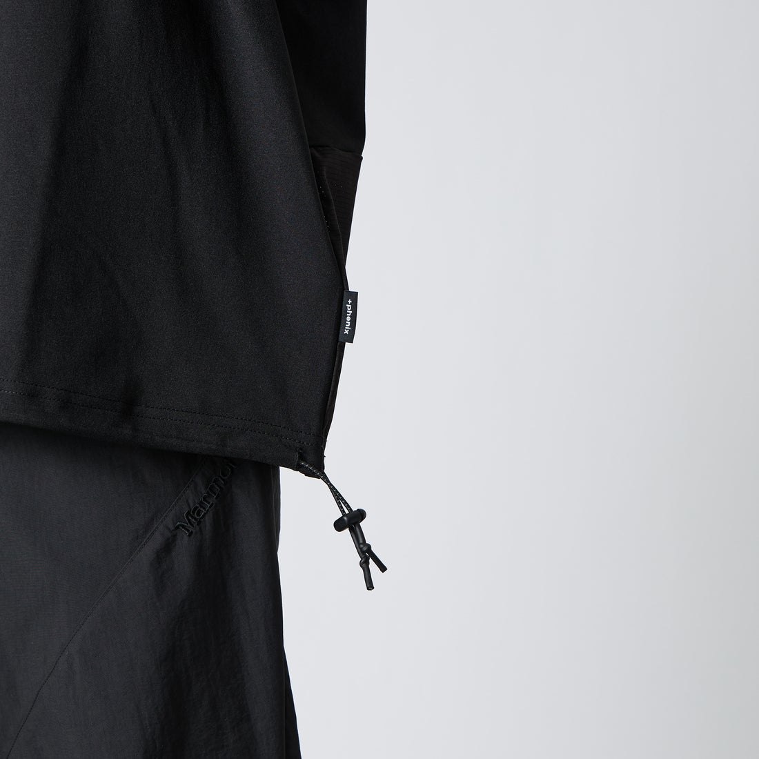 +phenix [プラスフェニックス] 別注 エアメッシュコンビ 7分袖Tシャツ [POT-26015IN-JF] BLACK &&モデル身長：177cm 着用サイズ：XL&&