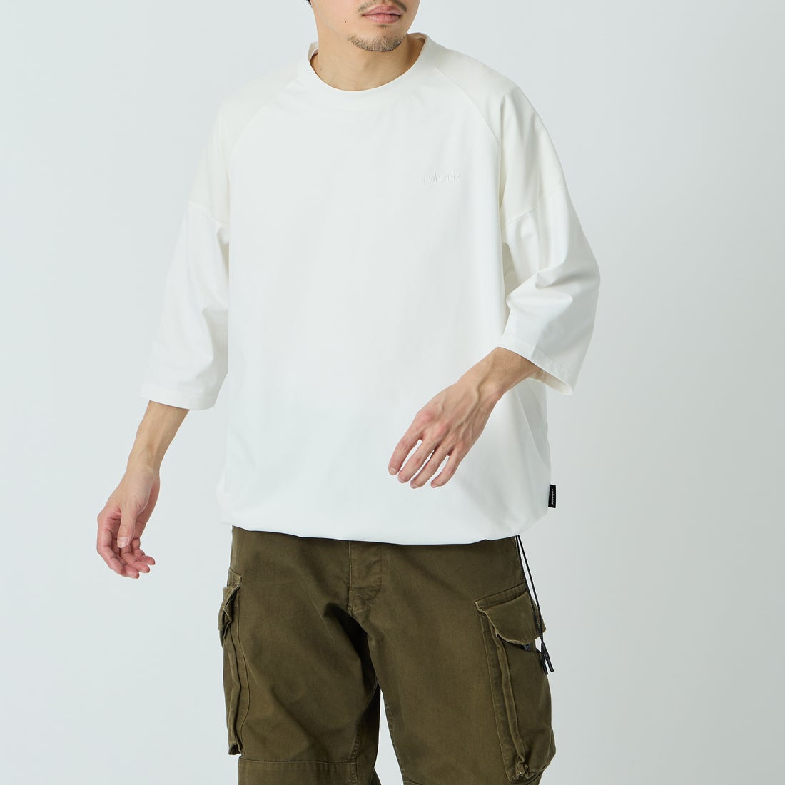 +phenix [プラスフェニックス] 別注 エアメッシュコンビ 7分袖Tシャツ [POT-26015IN-JF] WHITE &&モデル身長：168cm 着用サイズ：L&&