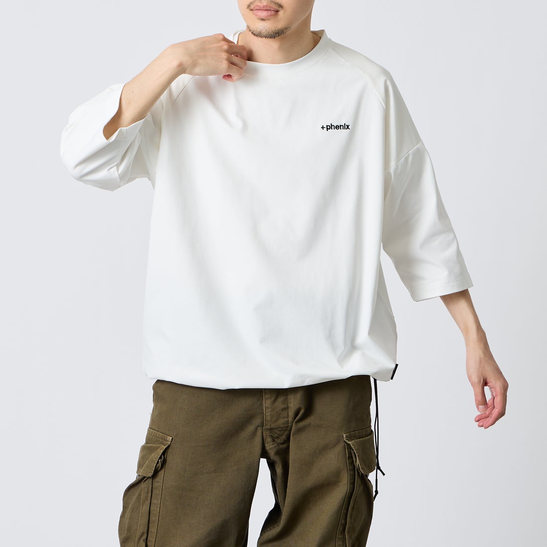 +phenix [プラスフェニックス] 別注 エアメッシュコンビ 7分袖Tシャツ [POT-26015IN-JF] WHITE &&モデル身長：168cm 着用サイズ：L&&