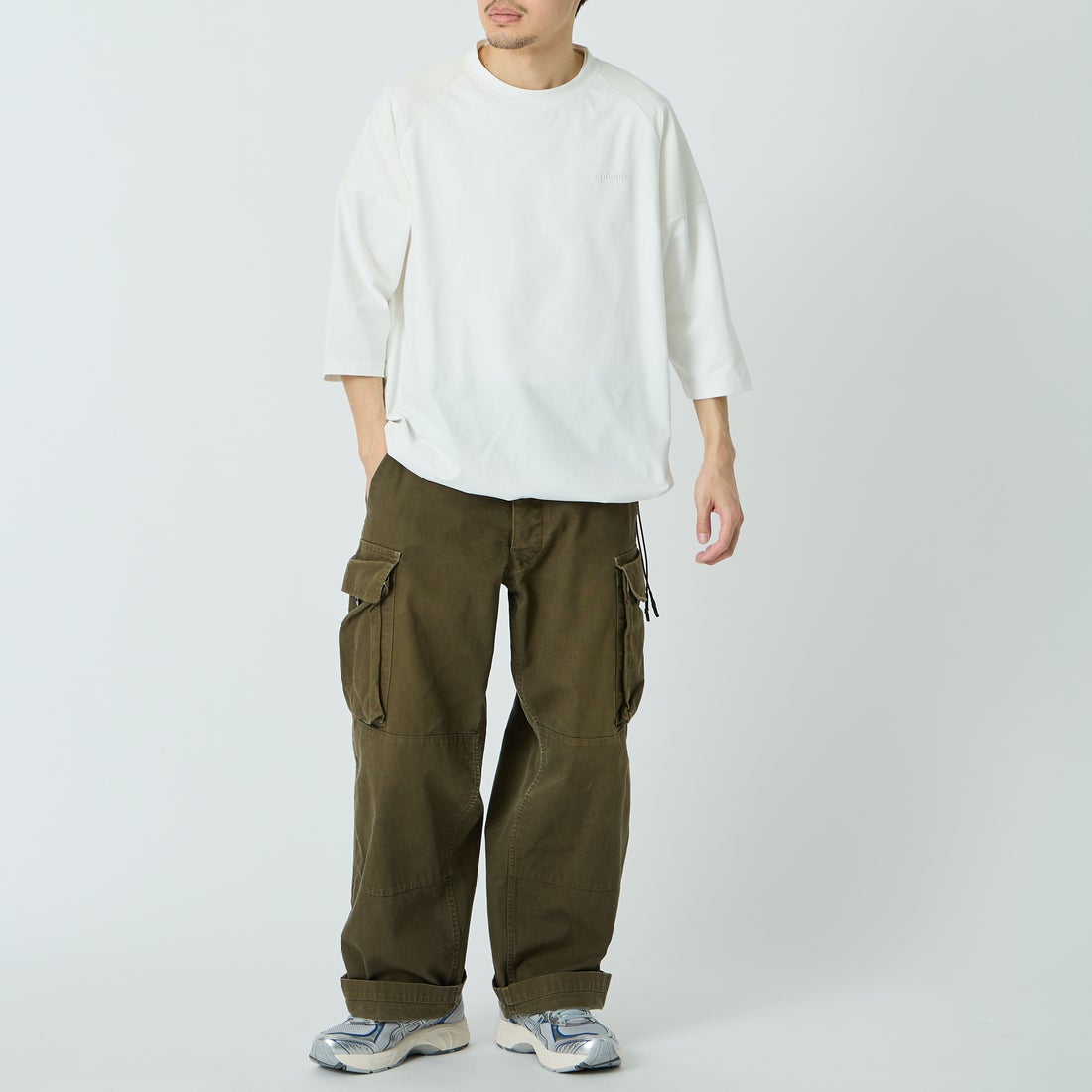 +phenix [プラスフェニックス] 別注 エアメッシュコンビ 7分袖Tシャツ [POT-26015IN-JF] WHITE &&モデル身長：168cm 着用サイズ：L&&