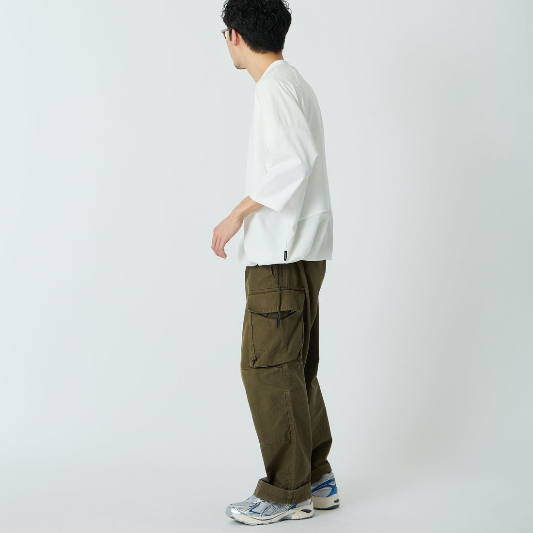 +phenix [プラスフェニックス] 別注 エアメッシュコンビ 7分袖Tシャツ [POT-26015IN-JF] WHITE &&モデル身長：168cm 着用サイズ：L&&