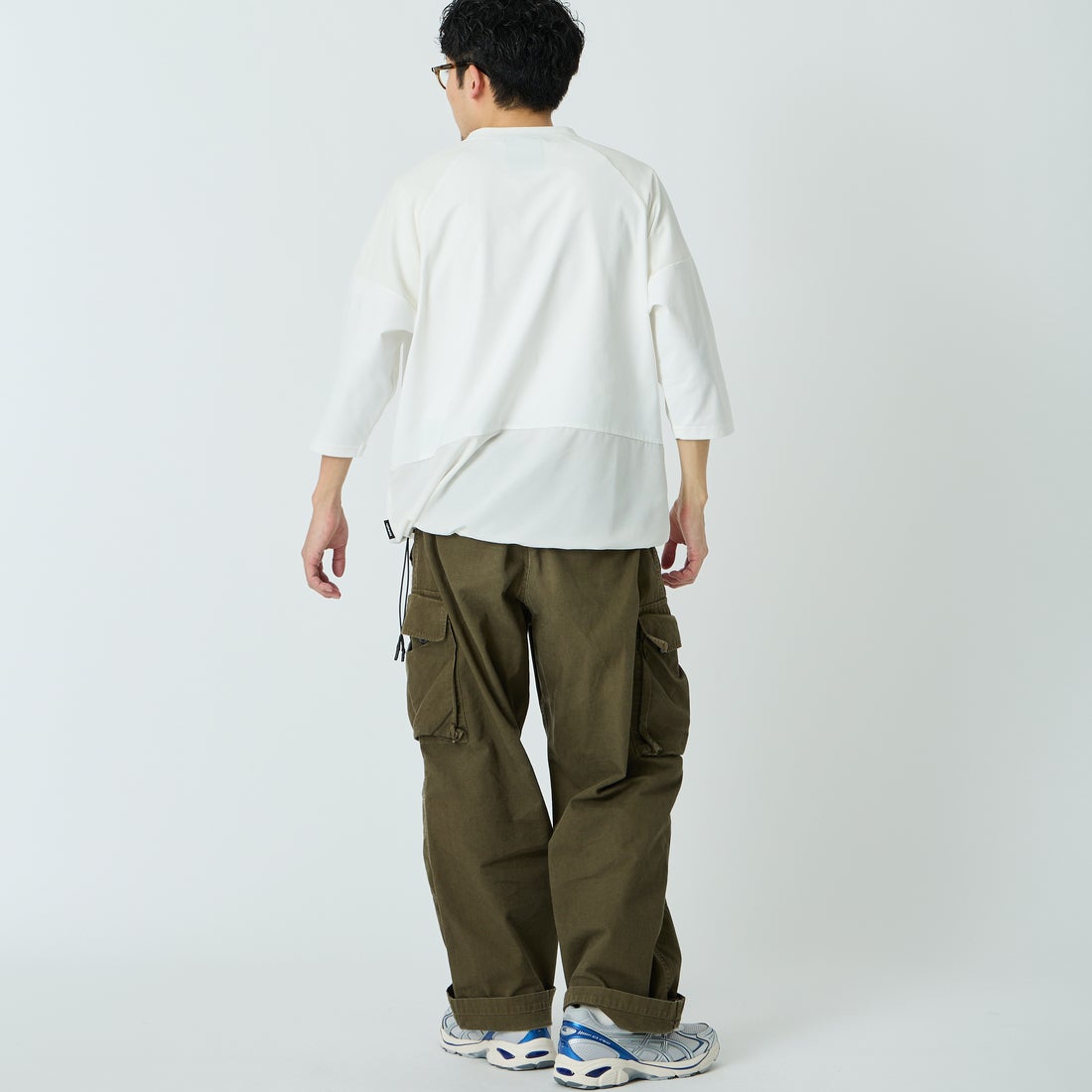 +phenix [プラスフェニックス] 別注 エアメッシュコンビ 7分袖Tシャツ [POT-26015IN-JF] WHITE &&モデル身長：168cm 着用サイズ：L&&