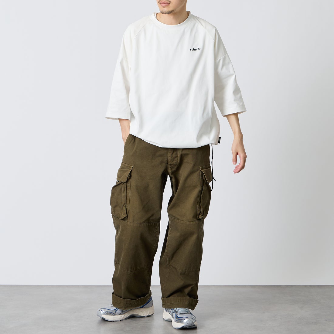 +phenix [プラスフェニックス] 別注 エアメッシュコンビ 7分袖Tシャツ [POT-26015IN-JF] WHITE &&モデル身長：168cm 着用サイズ：L&&