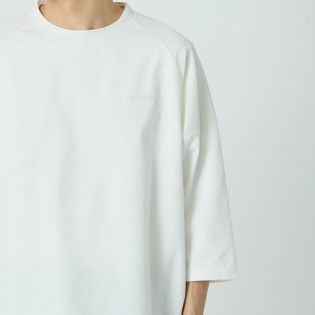 +phenix [プラスフェニックス] 別注 エアメッシュコンビ 7分袖Tシャツ [POT-26015IN-JF] WHITE &&モデル身長：168cm 着用サイズ：L&&