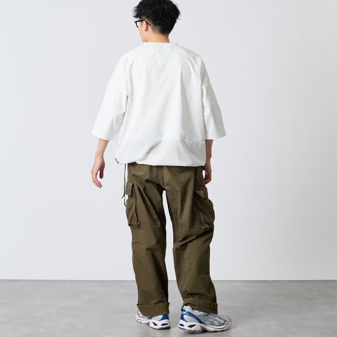 +phenix [プラスフェニックス] 別注 エアメッシュコンビ 7分袖Tシャツ [POT-26015IN-JF] WHITE &&モデル身長：168cm 着用サイズ：L&&