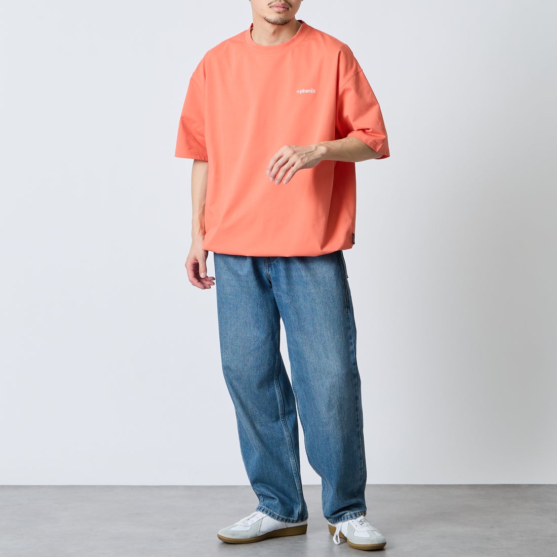 +phenix [プラスフェニックス] 別注 ワンポイント刺繍ロゴ ドローコードTシャツ [POT-26013IN-JF] ORANGE &&モデル身長：168cm 着用サイズ：L&&