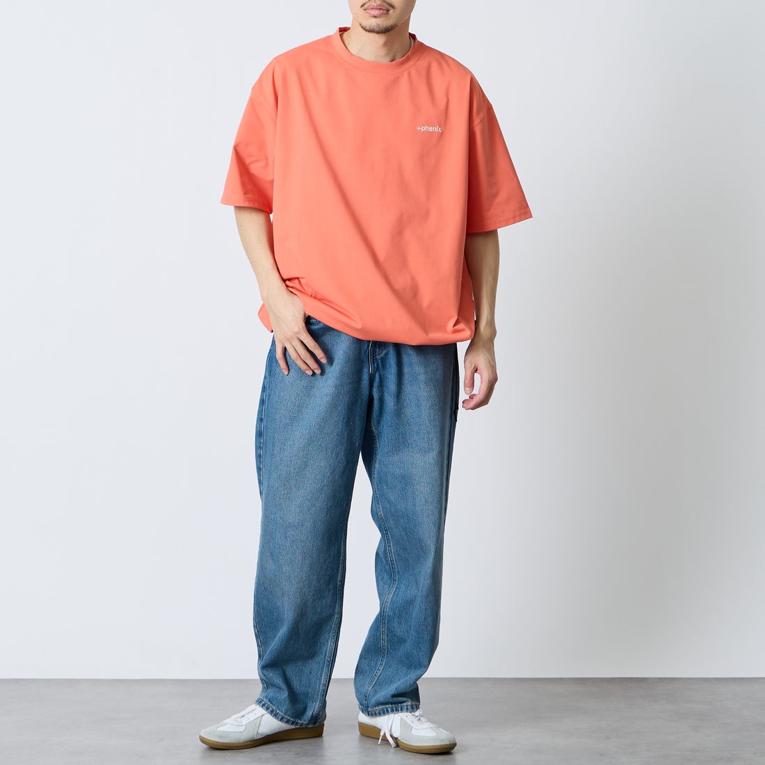 +phenix [プラスフェニックス] 別注 ワンポイント刺繍ロゴ ドローコードTシャツ [POT-26013IN-JF] ORANGE &&モデル身長：168cm 着用サイズ：L&&