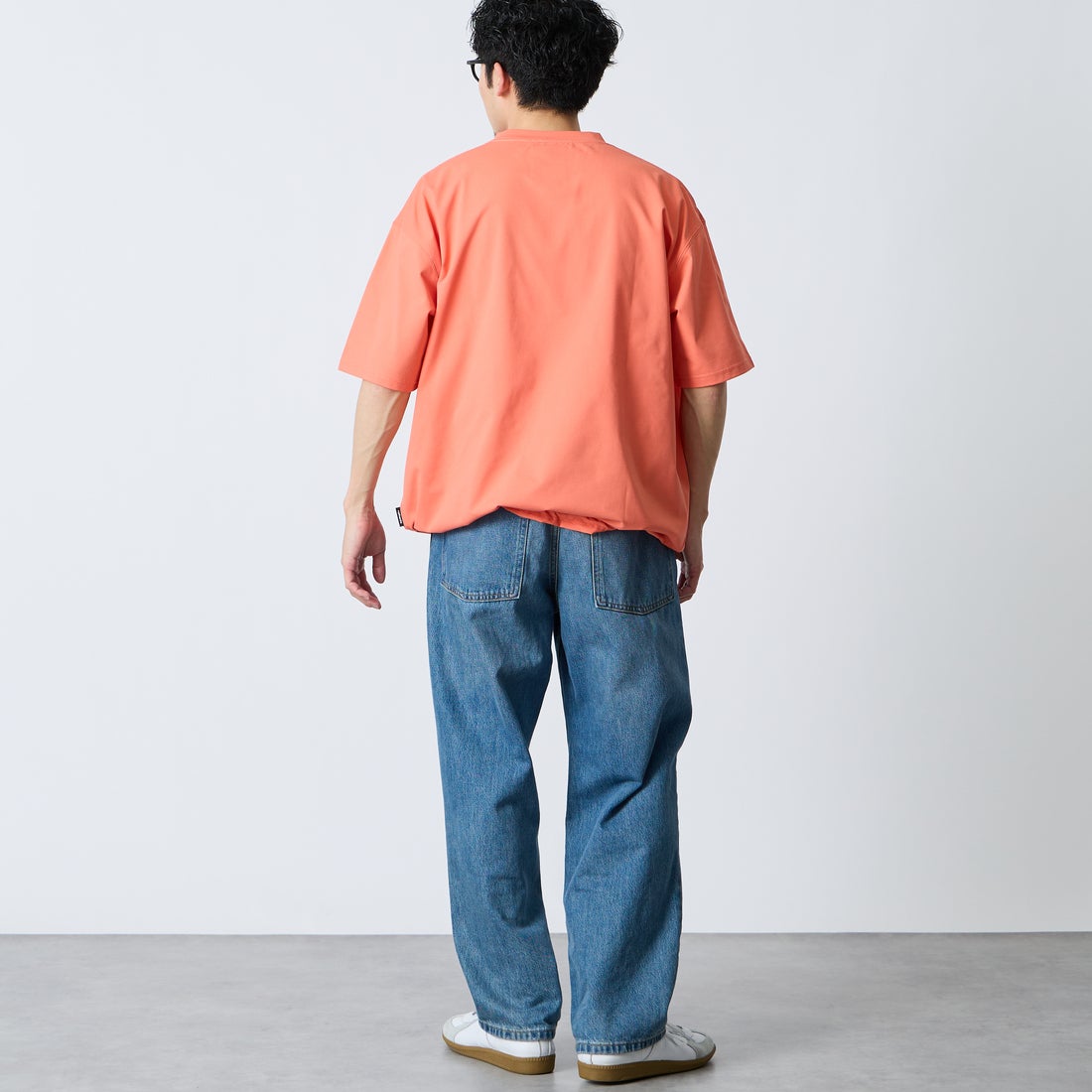+phenix [プラスフェニックス] 別注 ワンポイント刺繍ロゴ ドローコードTシャツ [POT-26013IN-JF] ORANGE &&モデル身長：168cm 着用サイズ：L&&