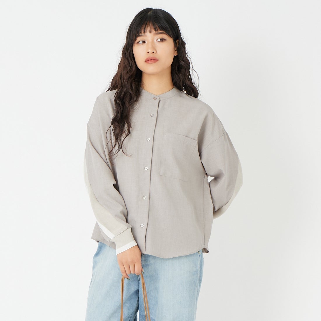 Jf Ready Made [ジェイエフレディメイド] 麻調バックヨークテープ切替ブラウス [4126126] ｸﾞﾚｰ &&モデル身長：162cm 着用サイズ：F&&