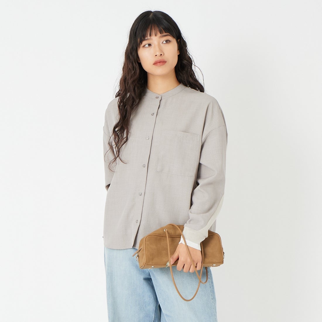 Jf Ready Made [ジェイエフレディメイド] 麻調バックヨークテープ切替ブラウス [4126126] ｸﾞﾚｰ &&モデル身長：162cm 着用サイズ：F&&