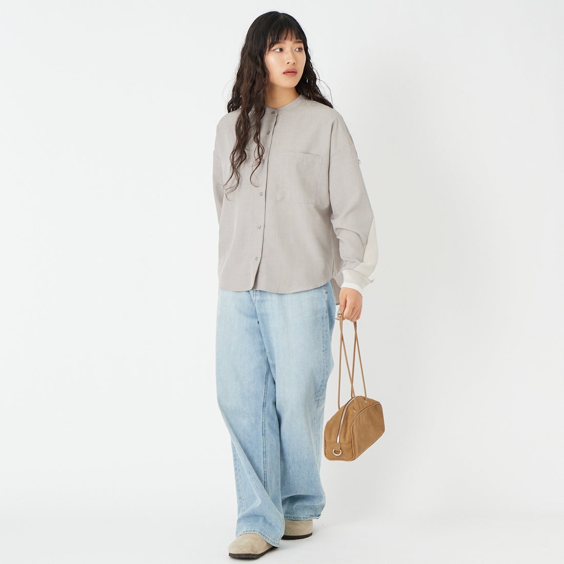 Jf Ready Made [ジェイエフレディメイド] 麻調バックヨークテープ切替ブラウス [4126126] ｸﾞﾚｰ &&モデル身長：162cm 着用サイズ：F&&