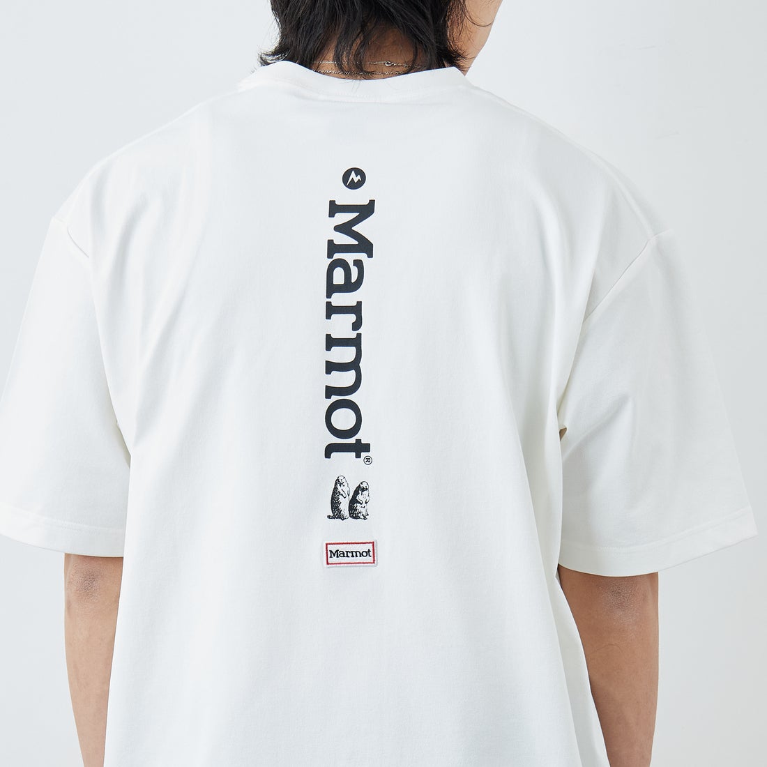 Marmot [マーモット] 別注 ドローコード付き バーティカルロゴ バックプリントTシャツ [MTSS26MST369IN-JF] WHITE