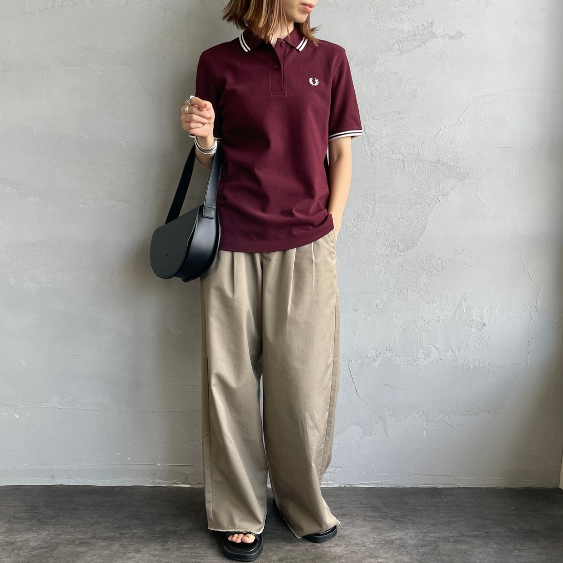 FRED PERRY [フレッドペリー] ツインティップ フレッドペリーシャツ [G3600] 597 OXBLOO &&モデル身長：158cm 着用サイズ：10&&