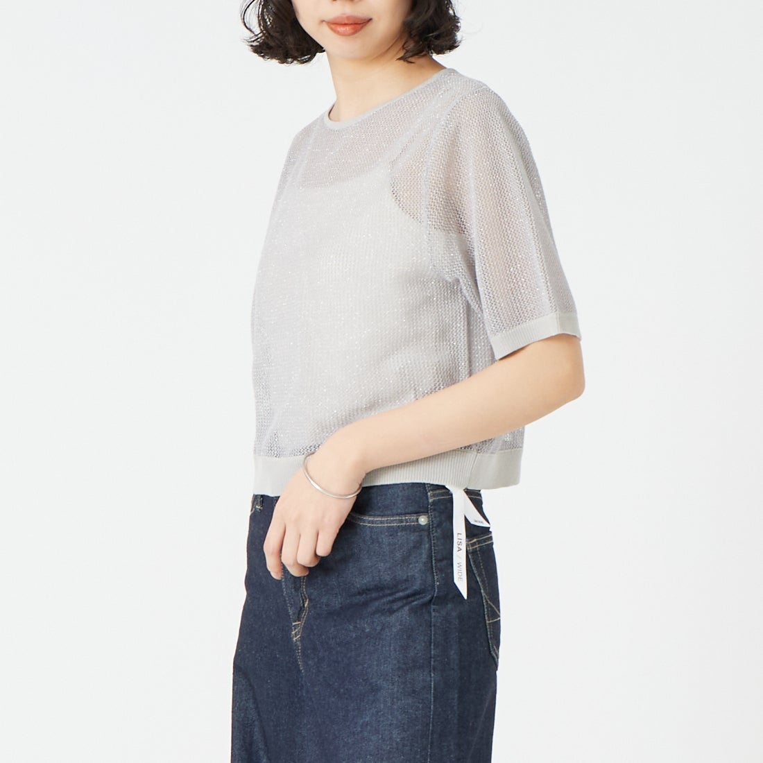 &g'aime [アンジェム] 2WAYラメメッシュショートニット [986-68010] ｸﾞﾚｰ &&モデル身長：162cm 着用サイズ：F&&