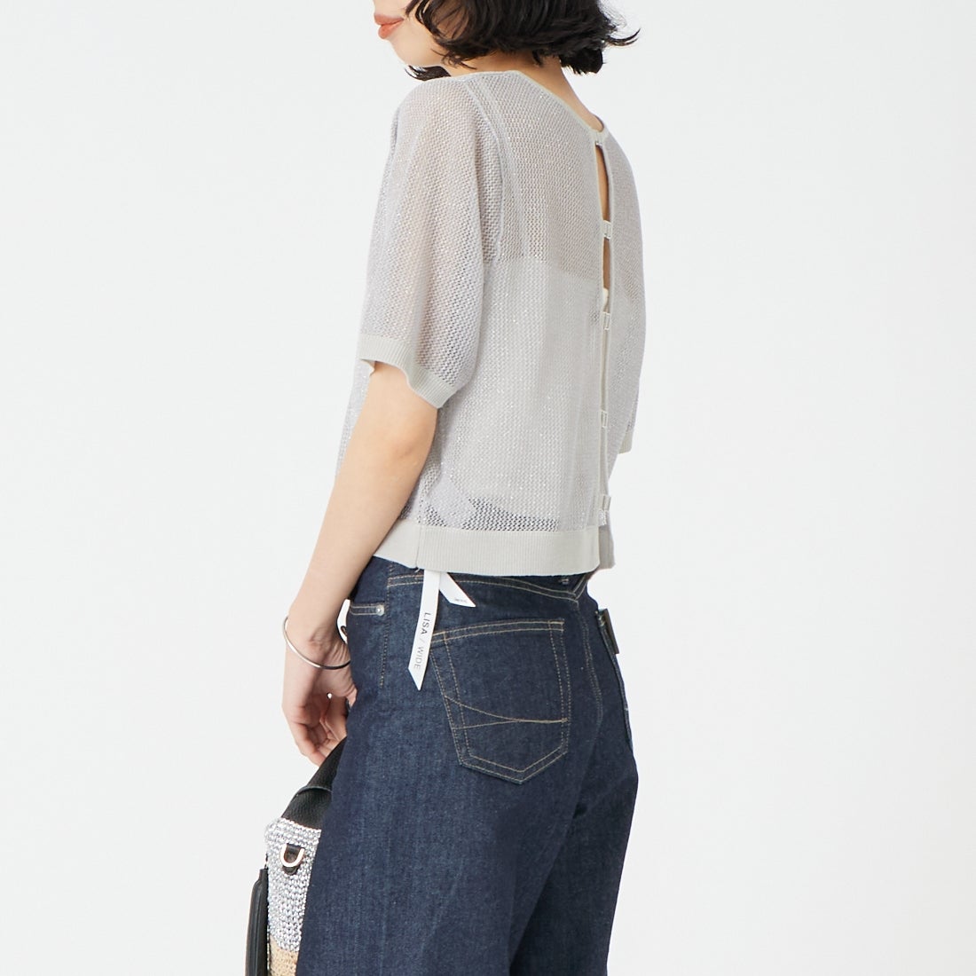 &g'aime [アンジェム] 2WAYラメメッシュショートニット [986-68010] ｸﾞﾚｰ &&モデル身長：162cm 着用サイズ：F&&