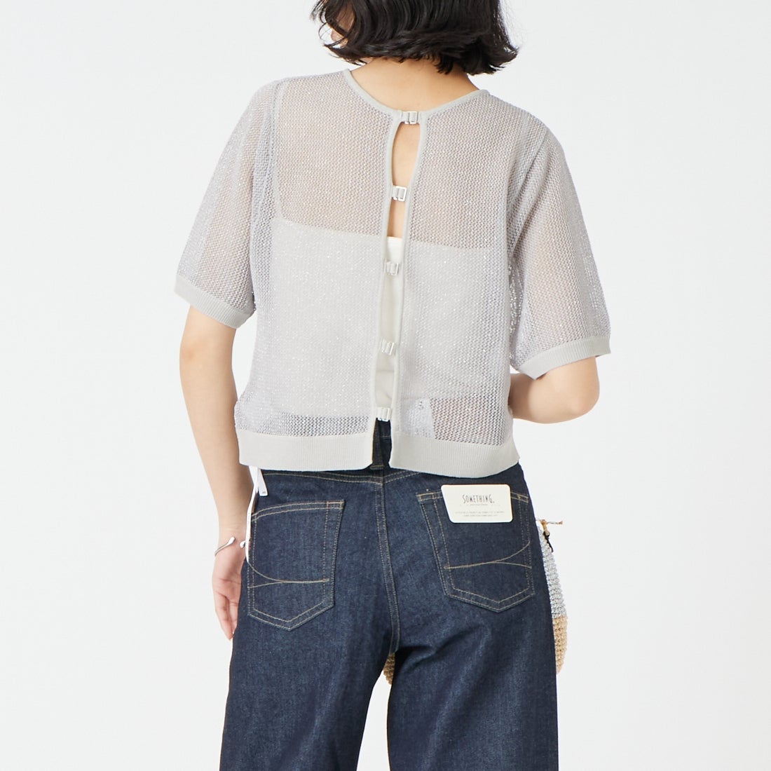 &g'aime [アンジェム] 2WAYラメメッシュショートニット [986-68010] ｸﾞﾚｰ &&モデル身長：162cm 着用サイズ：F&&