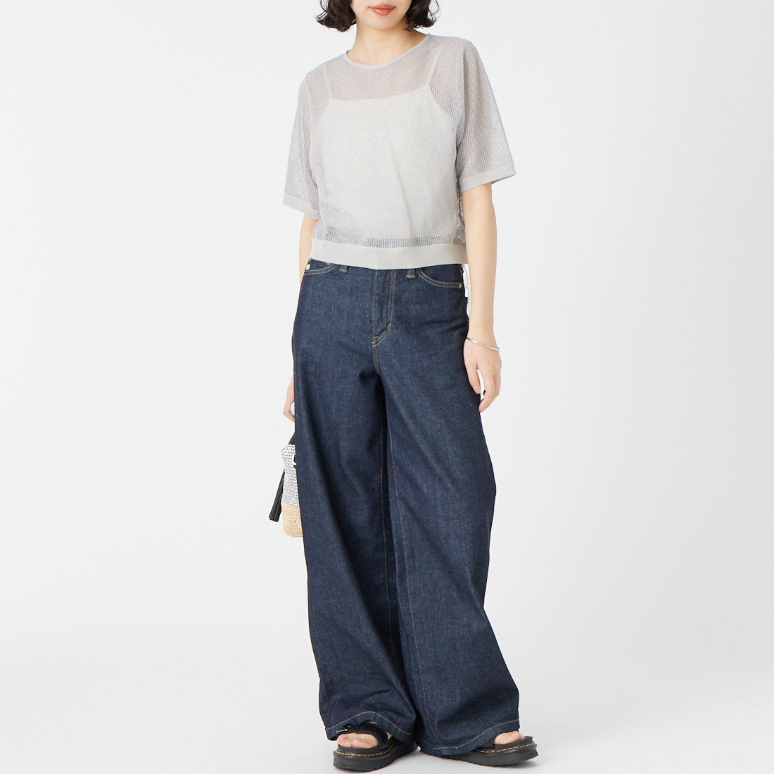 &g'aime [アンジェム] 2WAYラメメッシュショートニット [986-68010] ｸﾞﾚｰ &&モデル身長：162cm 着用サイズ：F&&