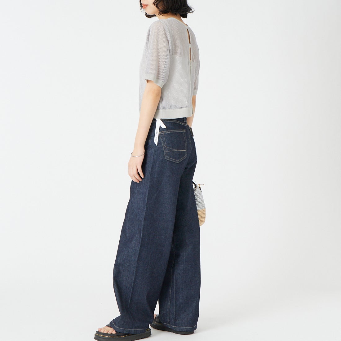 &g'aime [アンジェム] 2WAYラメメッシュショートニット [986-68010] ｸﾞﾚｰ &&モデル身長：162cm 着用サイズ：F&&