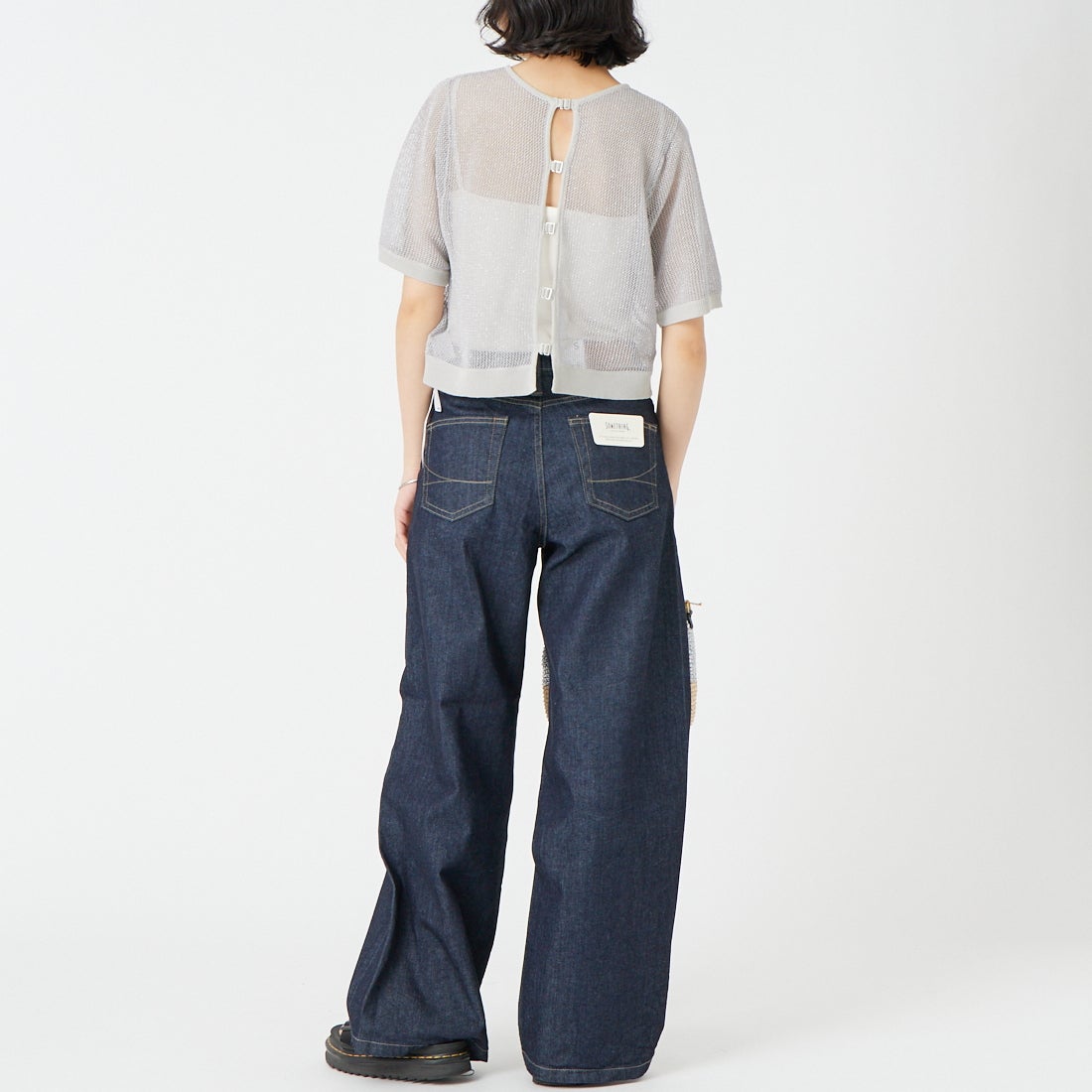 &g'aime [アンジェム] 2WAYラメメッシュショートニット [986-68010] ｸﾞﾚｰ &&モデル身長：162cm 着用サイズ：F&&