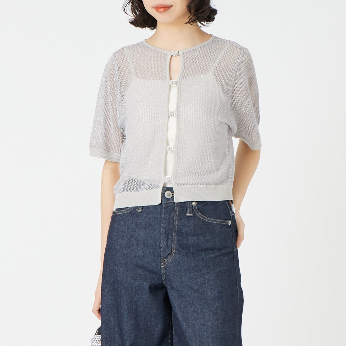 &g'aime [アンジェム] 2WAYラメメッシュショートニット [986-68010] ｸﾞﾚｰ &&モデル身長：162cm 着用サイズ：F&&