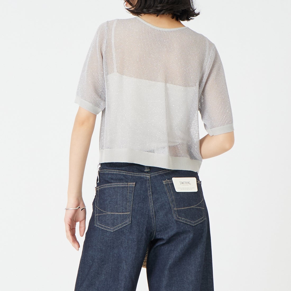 &g'aime [アンジェム] 2WAYラメメッシュショートニット [986-68010] ｸﾞﾚｰ &&モデル身長：162cm 着用サイズ：F&&