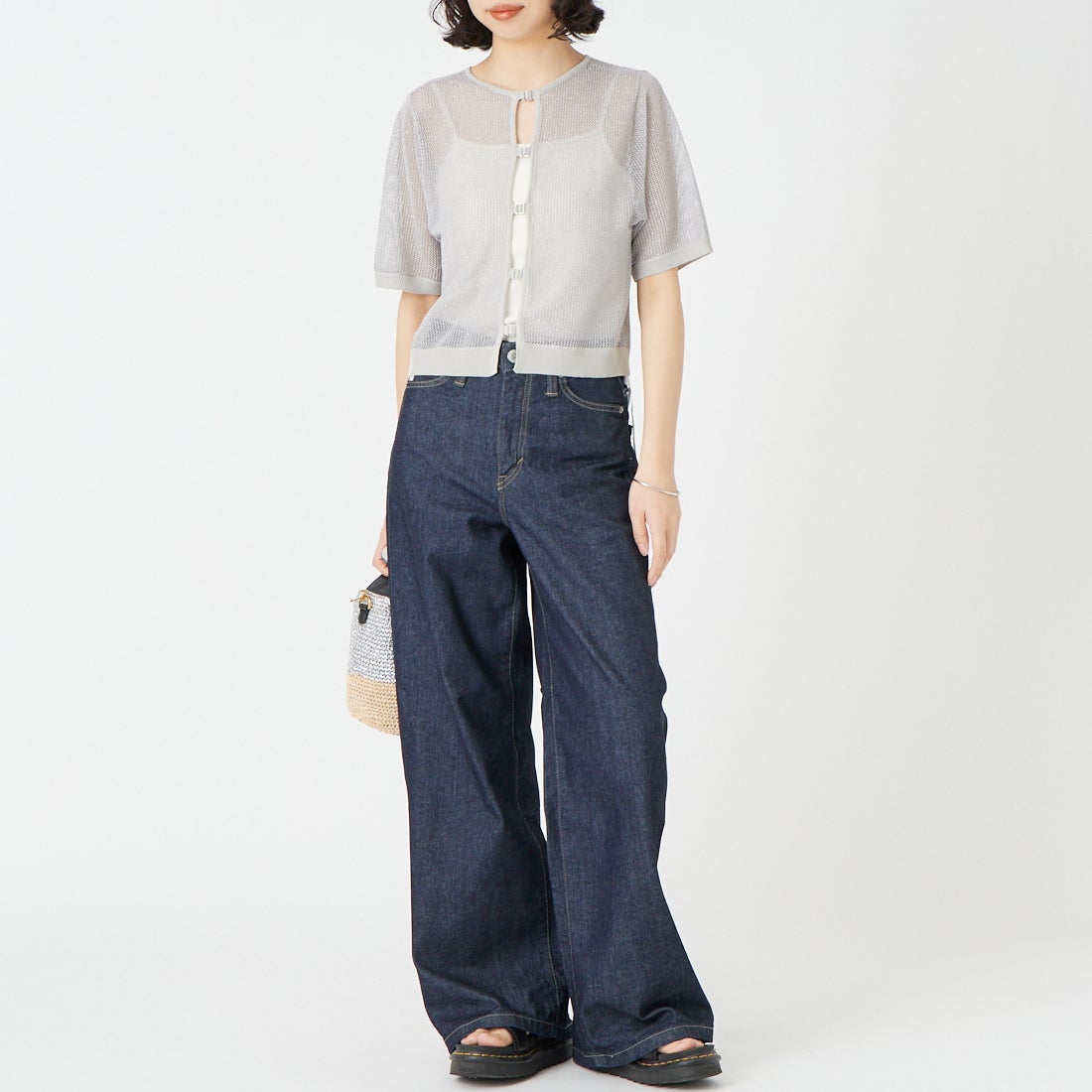 &g'aime [アンジェム] 2WAYラメメッシュショートニット [986-68010] ｸﾞﾚｰ &&モデル身長：162cm 着用サイズ：F&&