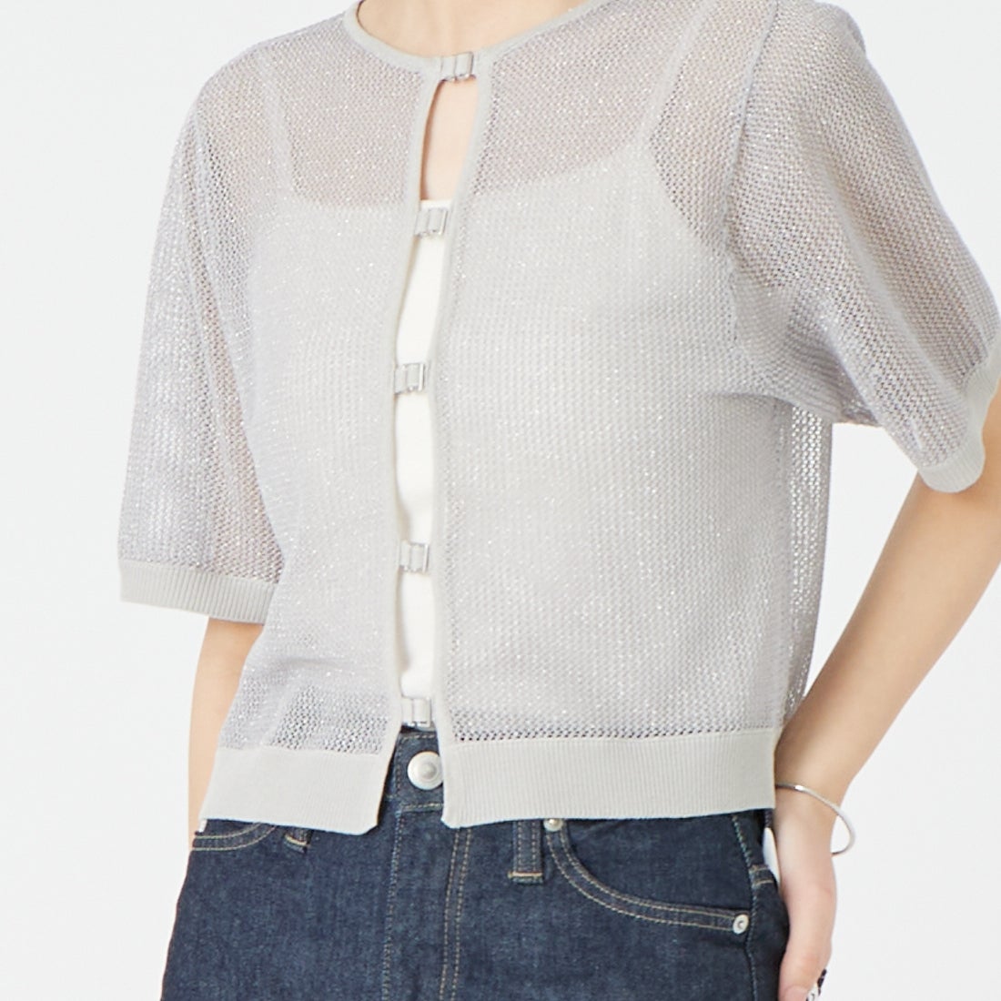 &g'aime [アンジェム] 2WAYラメメッシュショートニット [986-68010] ｸﾞﾚｰ &&モデル身長：162cm 着用サイズ：F&&