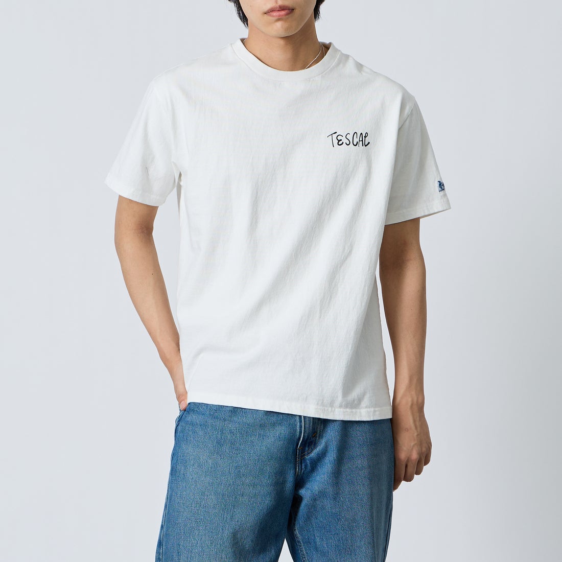The Endless Summer [エンドレスサマー] 別注 手書き風ロゴ BUHIバックプリントTシャツ [FH-26574500-JF] WHITE &&モデル身長：179cm 着用サイズ：L&&