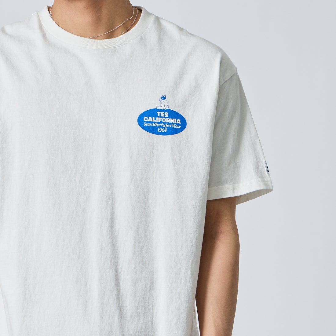 The Endless Summer [エンドレスサマー] 別注 オーバルロゴ バックプリントTシャツ [FH-26574504-JF] WHITE &&モデル身長：179cm 着用サイズ：XL&&